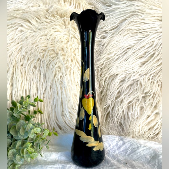 Accents Vintage Art Deco Purple Glass Bud Vase Hand Painted Flowers